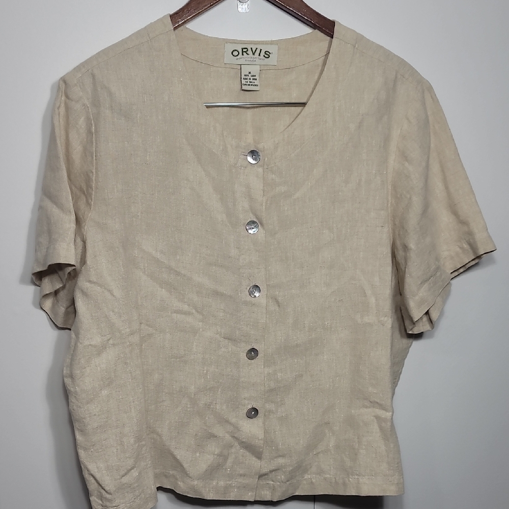 Orvis Linen Boxy 90s Beige Short Sleeve Button-Down Shirt
